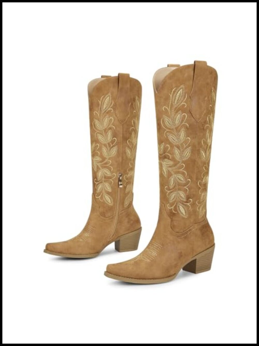 Womens Knee High Western Cowboy Boots Faux Leather Low Heel Embroidered